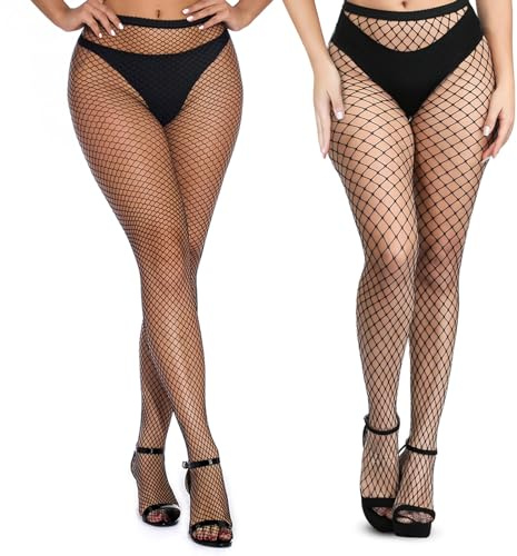 Dejicuk Black Fishnet Tights for Women, 2 Pair Women Thigh High Stockings Pantyhose Fish Net Tights One Size