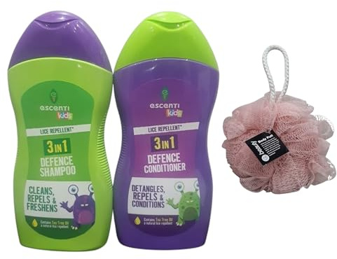 E,SCENTI, Kids Lice Prevention Duo – Natural Shampoo & Conditioner (300ml Each) + FREE Body Puff | Proven Head Lice Defence, Gentle on Hair!