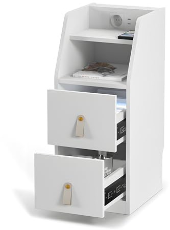 HULANAN Schmaler Nachttisch 30 cm, weiß-USB-Ladestation für Smartphone & Tablet, platzsparend, höhenangepasst für Boxspringbett, 2 Schubladen + offenes Fach, 45 kg Tragfähigkeit