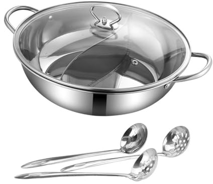 MOLUCKFU Pentola Doppia in Acciaio Resistente con Divisorio Antiscottatura e Scolapasta Integrato per Cucina Facile da Pulire Hot Pot Due Sapore per Cucina a Gas e a Induzione