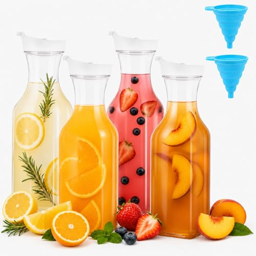 Kozdtiz 4 Pack 1.5L / 50 Oz Square Base Juice Containers, Plastic Water Carafe Pitcher with Funnel, Juice Jugs with Flip Top Lid, Mimosa Bar Supplies Pitcher for Tea Drinks