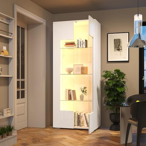 DUlVBPE 70 * 40 * 173cm Wohnzimmervitrine,Vitrine mit 2 Acryltüren,Hochglanzvitrine mit LED-Lichtleiste,Tragender Schrank aus gehärtetem Glas,Wohnzimmer breiter Schrank, Hochschrank,MDF, weiß