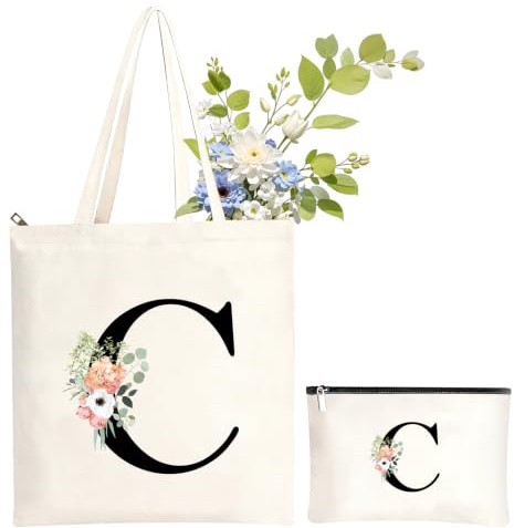 NHTJTHE Initialen Baumwolltasche personalisiert, Canvas Einkaufstasche mit Reißverschluss und dazu passende Kosmetiktasche,Besondere Geschenkidee für Frauen, Mama, Freundin zu Allen Festtagen