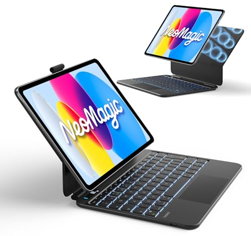 Inateck Magnetic Keyboard Case for iPad A16 11th Gen 11/10th Gen 10.9 | Large Multi-Touch Trackpad, LED Power Display, 7 Color Backlit, QWERTY, NeoMagic, Black