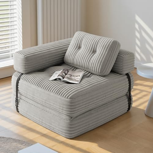 Xbro Vikbar bäddsoffa med L-armstöd, 2 i 1 säng konvertibel fåtölj bärbar för små utrymmen, manchestyg med skumfyllning, 170 x 85 cm utfälld (ljusgrå)