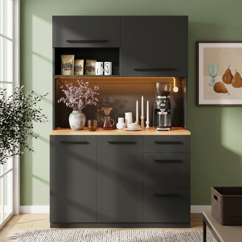Lahoomu Küchenbuffet mit LED und Steckdosen, Schwarz