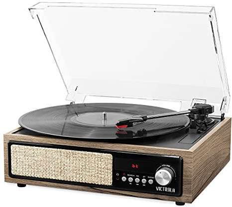 Victrola Tourne-Disque Bluetooth 3 en 1 avec Haut-parleurs intégrés et Platine à 3 Vitesses, Noyer de Ferme