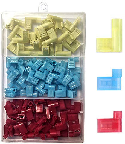 Gebildet 100pcs 90 Degree Nylon Insulated Flag Terminal Female, F Type Wire Crimp Electrical Connector, Full Insulated Female Push On Wire Terminal 12-10 AWG/ 22-14 AWG (Red 40, Blue 40, Yellow 20)