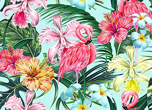 Livingwalls Fototapete Designwalls Vliestapete Flamingo Art Tapete mit Blumen in Creme, Gelb, Grün, Orange, Rot, Türkis, Weiß 350 x 255 cm XXL Wandtapete Wandbild 118564
