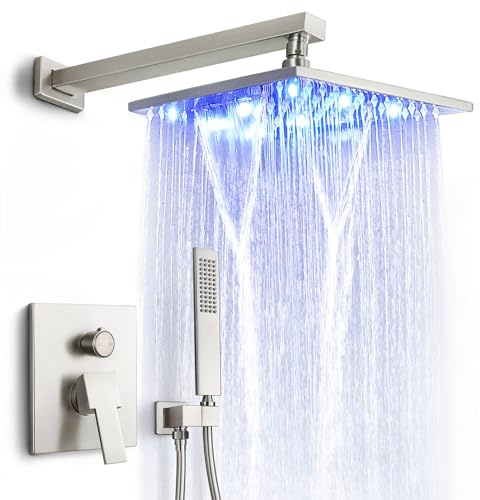 SKOWLL Shower Systems with Rain Shower and Handheld, Brushed Nickel Shower System with 10 Inch LED Waterfall Showerhead Combo Rough-in Mixer Valve