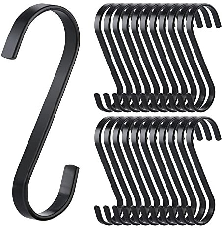 20er Pack S-Haken Flach Edelstahl S-förmige Multifunktions Küchenhaken aus Edelstahl für Aufhängen Küchengeräte Utensilien Handtücher Kleidung Pflanzen Gartengeräte-bis 10kg Belastbar (Schwarz)
