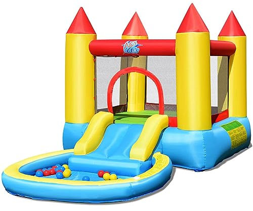 DREAMADE Aufblasbare Hüpfburg mit Rutsche & Sprungbereich, Springburg für 2 Kinder, aus Oxford-Stoff, Spielpool, Spielburg, Spielhaus für 3-5 Jahre alt Kinder, Mehrfarbig