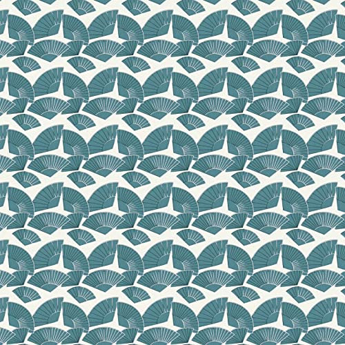 Papier peint japonais art déco blanc & bleu canard | Tapisserie turquoise motif éventail | Papier peint intissé design chambre & salon
