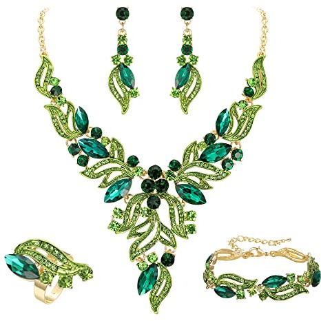 EVER FAITH Parure Bijoux Femme Mariage Mariée Cristal Marquise Feuille Collier Boucles d'oreilles Bracelet et Bague Vert Ton d'or