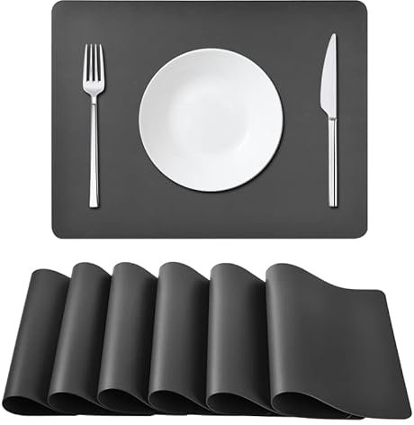 elagel Tischsets Abwaschbar, Platzsets Abwischbar 6er Set, Tischsets Leder Lederoptik Kunstleder Wasserdicht Platzdeckchen, Dunkelgrau Hitzebeständig Tischset für Küche Speisetisch, 40x30cm