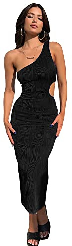QKEPCY Vestito Lungo Donna Elegante Ragazza Vestito da Cocktail Senza Monospalla Donna Abito da Sera Donna Senza Manica Vestito Elegante Donna Sexy Abito da Festa Cerimonia Matrimonio (S)