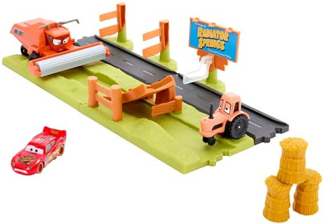 Mattel Disney Pixar Bilar lekset med 3 leksaksfordon och 2 sätt att leka, Frank Escape & Stunt Race lekset inkluderar Lightning McQueen, HRX48