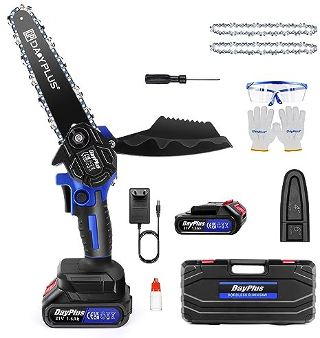 Mini Tronçonneuse 6 Pouces avec Batterie 1.5Ah et 2 Chaînes, Brushless Tronçonneuse à Une Main avec Verrouillage de Sécurité, Petite Tronçonneuse Électrique Sans Fil pour Couper Bois et Élaguer Arbres