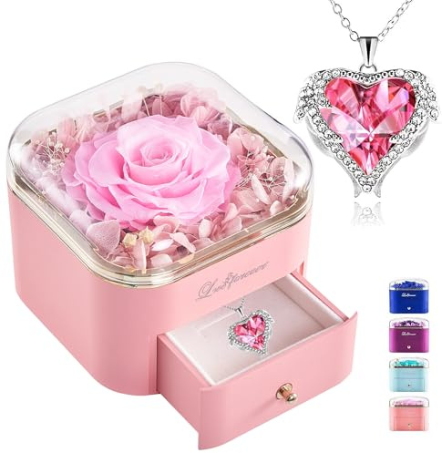 Echte Ewige Rose mit Halskette, Geburtstagsgeschenk für Frauen, Konservierte Blumen Rosen Box Schmuck Geschenkbox, Muttertag Valentinstag Hochzeitstag Geschenk für Mama Freundin Ehefrau Oma