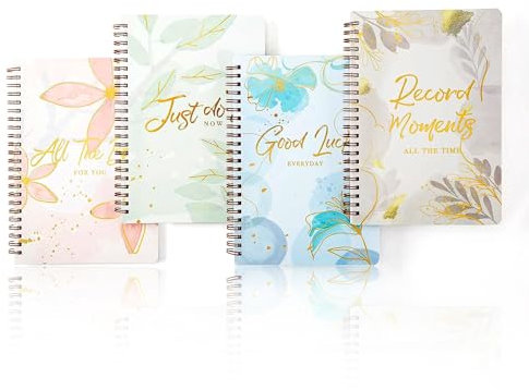 SIAZIH Notizbuch A5 Liniert 4 Stück, Spiralblock A5 Notizblock(160 Seiten), Hardcover Ringblock Leicht zu transportierende - Blumen und Blätter