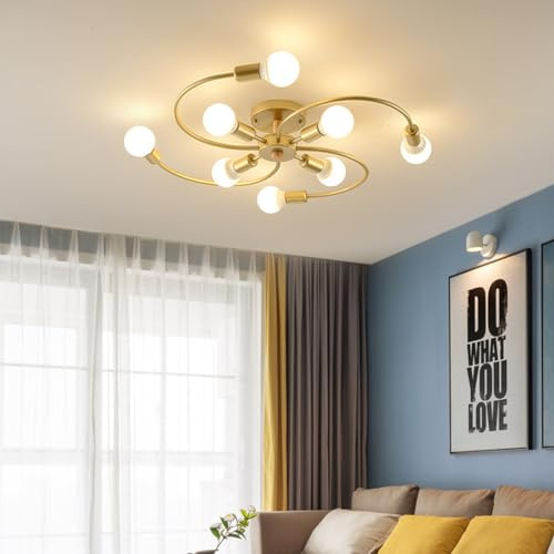 Deckenleuchte LED Antik Gold Wohnzimmerlampe Deckenlampe Schlafzimmer Retro Runde Metall Moderne Deckenbeleuchtung Rustikal Holz Deko Büro Küche insel Esszimmer Klassisch Design Lampe 8-flammig 75cm