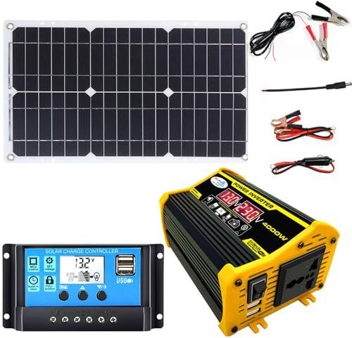Kit de panneaux solaires, Kit de panneaux solaires 3000W avec onduleur, Contrôleur de charge solaire 18W 12V 30A, Complet avec onduleur solaire pour batteries extérieures non incluses (A)