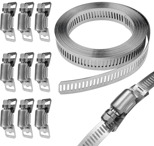 Baxcdyswe 300cm Schlauchschellen Set, 304 Edelstahl Einstellbare Rohrschellen mit 10 Stück Schlauchschelle, Schlauchklemmen Stahlband für Wasser Rohr/Haus Gasrohr/Tank/Großes Rohr/Waschmaschine