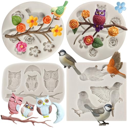 MYPRACS Moldes de silicona para pájaros, búhos, ramas de árbol, fondant, flores, hojas, moldes de silicona para decoración de pasteles, caramelos, chocolate, pasta de goma, manualidades, arcilla