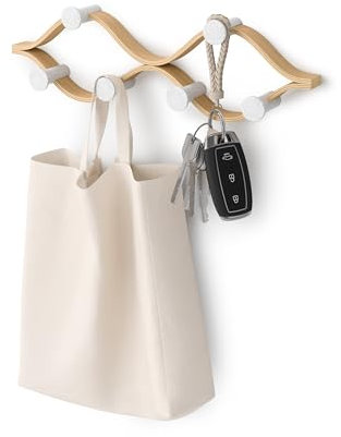 Umbra Montage Garderobe mit 6 Garderobenhaken – Wandgarderobe und Moderne Wand Dekoration aus Holz, Weiss/Natur