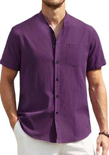Enlision Collarless Shirts for Men Purple Grandad Linen Shirts for Men Short Sleeve Summer Casual Henley Top Button Down Banded Collar for Beach Wedding M