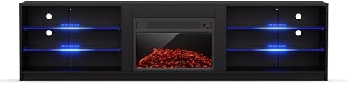 blumfeldt TV Board, Living room furniture for TV, 160 cm TV cabinet with electric fireplace, Large TV lowboard, Low TV cabinets with coloured LEDs, Cabinet for TV, Modern TV cabinet, Black