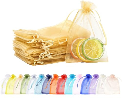 MORAINJAY 100 Stück Gold Organzasäckchen,10x15cm Geschenkbeutel Organzabeutel Organza Beutelchen mit Kordelzug Sie als Hochzeit Bonbonsbeutel,Schmuckbeutel,Weihnachtsgeschenke,Geburtstag Party