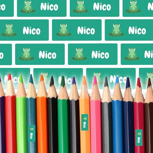 Namensaufkleber für Stifte & Lineal (81 Sticker) – Aufkleber mit Name und Frosch für Schulstifte oder Geodreieck – Ideal für Schule und Kindergarten – Spülmaschinenfest, 30 x 13 mm