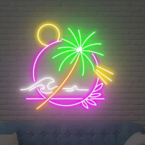 Grande Insegna al Neon con Palma al Tramonto, Luce al Neon Estiva a LED in Acrilico con Interruttore Dimmerabile, Insegna Luminosa al Neon Bar Wave per Camera da Letto,Caffè, Hotel, Club,Rosa