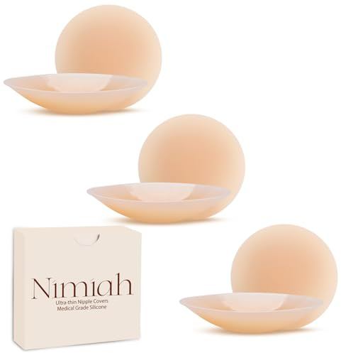 Nimiah Reusable Silicone Nipple Covers,3 pairs Invisible Seamless Nipple Pads for Women with Storage Box,Sticky Breast Stickers for Strapless Dress Crème