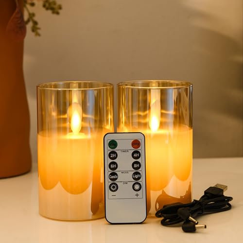FiiMoo Velas Recargables, Pack de 2, Velas con Mando y Temporizador, USB, Decoración para Navidad, Fiestas, Bodas y Cumpleaños - 10cm Vidrio Marrón