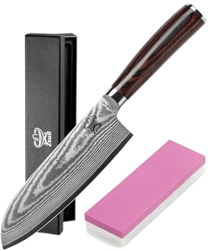 ZEUß Damastmesser Santoku Messer XL (30 cm) Profi-Küchenmesser aus echtem 67 Lagen Damaststahl I Damast-Küchenmesser mit Schleifstein, Holzgriff, Klingenschutz und Geschenkbox