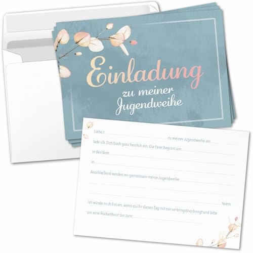 8 Einladungskarten Einladung Jugendweihe mit Umschlag zum selber ausfüllen - Jugendfeier Einladungen Postkarten Umschläge Edel Blüten Hell Blau