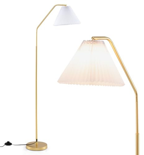 COSTWAY Floor Lamp, 168cm Arc Standing Lamp with Adjustable Head, Pleated Lampshade, Foot Switch & E27 Socket, Modern Corner Tall Reading Light for Bedroom Living Room Office, Bulbs Not Included
