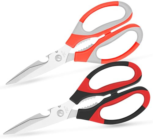 Vutyvve Lot de 2 paires de ciseaux de cuisine, lames en acier inoxydable, poignée douce, multifonction, rouge, noir/orange, gris