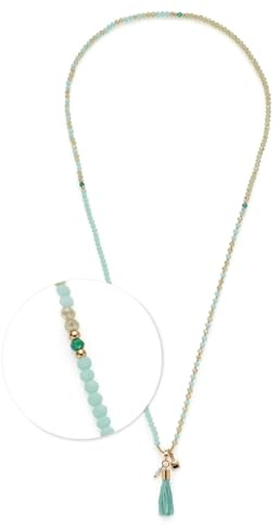 JEWELS BY LEONARDO Halskette Donna • lange Endlos-Kette aus goldfarbenem Edelstahl • Glasperlen in sanften Türkistönen • Quasten-Anhänger • 80 cm Länge • Schmuck Geschenk für Frauen • 024896