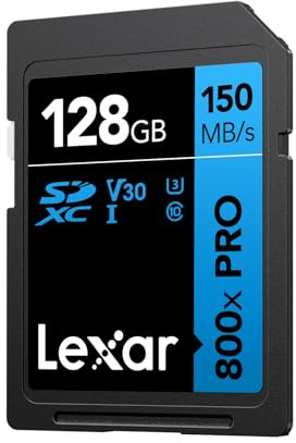 Lexar 800x PRO SD Kort 128GB, SDXC UHS-I Kort, SD3.0 Kort upp till 150MB/s Läs, V30, U3, C10 SD Minneskort för peka-och-skjut-kamera/mellanregister DSLR/HD-videokamera (LSD0800P128G-BNNAA)