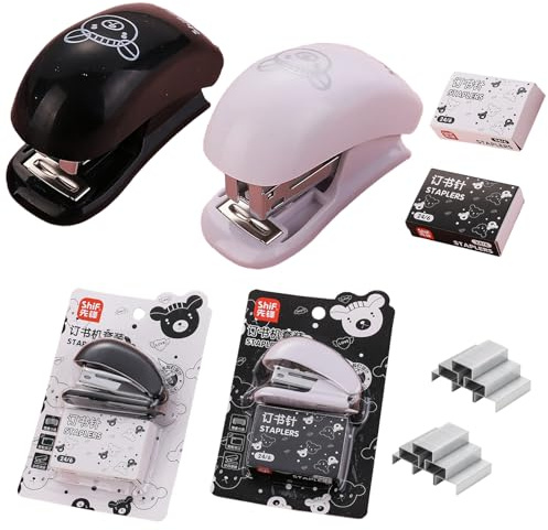 LaresDay Mini Hefter Set 2 Stück mit 1000 Klammern (24/6 &,26/6) Niedliche Comic-Tacker für Schüler Büro, 2-24 Blatt Kapazität, Integrierter Entferner, Leicht & Ergonomisch (Schwarz und weiß)