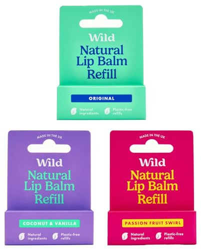 Wild Natürlicher Nachfüllbarer Lippenbalsam - 3er-Pack Lippenbalsam in verschiedenen Duftnoten - enthält die Düfte Passionfruit Swirl, Original und Coconut & Vanilla - ohne Bienenwachs