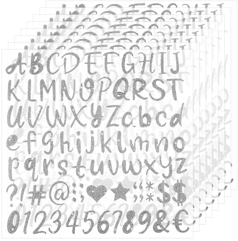 648stk Glitzernde Buchstaben Aufkleber, 2,5 cm Selbstklebend Wasserfest Alphabet Zahlen und Symbole Abziehbilder für Abschlusskappen Wasserflaschen Tassen Scrapbooking Basteln Dekor (Silber)