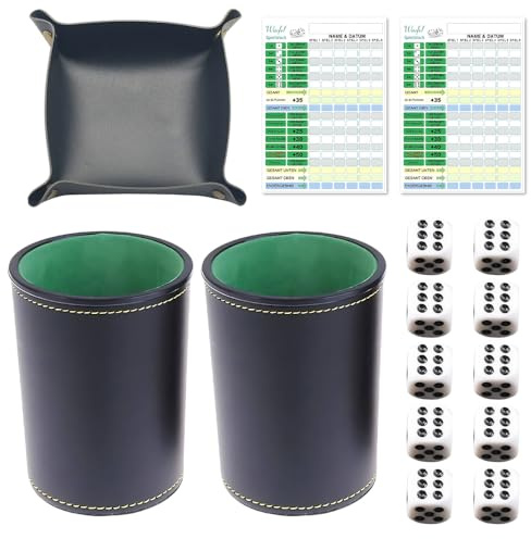 HOVCEH Gobelets à Dés en Cuir, Gobelet De Jeux de Dés, Lot de 2 Set de Gobelets à Dés avec 100 Feuilles de Jeu, 10 Dés à Pois, 1 Boîte de Rangement, pour Soirées Familiales, Voyages, Fêtes