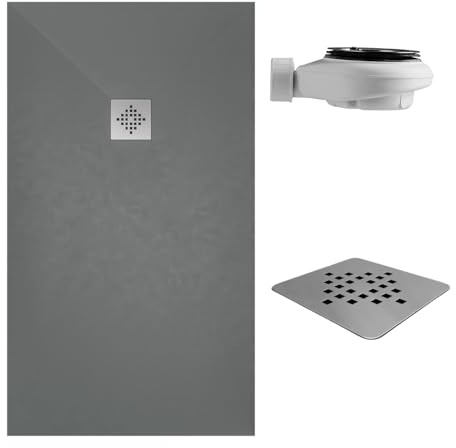 SoulHome Plato de Ducha Resina 170x90 Cemento - Rejilla Standard | Antideslizante C3, Extraplano, Resina y carga mineral, Textura Liso Piedra, Antibacteriano, Gel-coat, Incluye válvula desagüe
