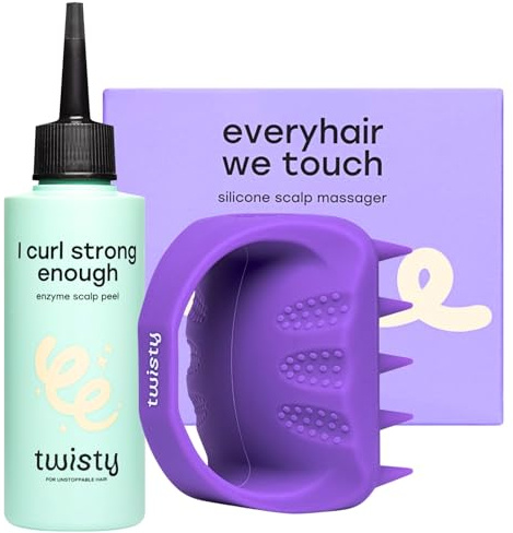 TWISTY Set: masajeador de silicona para cuero cabelludo + exfoliante enzimático con AHA/BHA – Limpieza y estimulación para un cabello sano