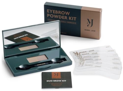 Marie-José Augenbrauenpuder Duo Set – Wasserfester Augenbrauen Puder mit 6 Schablonen, Pinsel & Spiegel | Dunkelblond & Hellbraun | Perfekt für natürliche, volle Augenbrauen