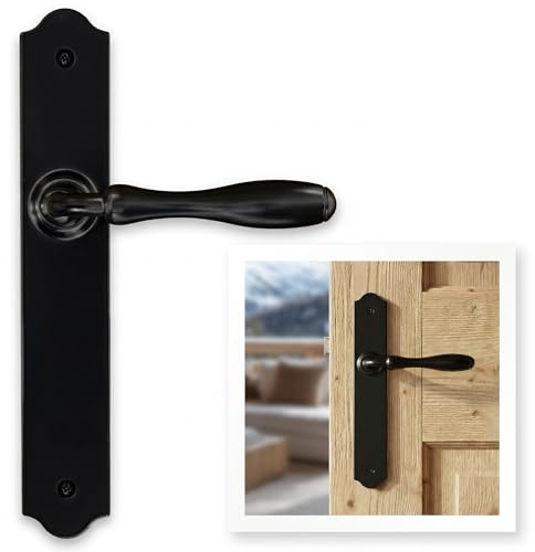 ERGO line CHALET Schwarz – Türbeschlag im Landhausstil, rustikale Blindschild-Garnitur, Retro Langschild-Drückergarnitur, Türklinke Schwarz, klassischer Türdrücker, Türgriffe